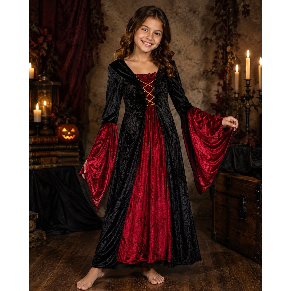 Girls Vampire Costume Dress Medium 8 10 Black Red Gothic Renaissance Halloween
